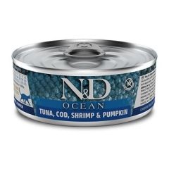 ND 1997 Ocean Ton balığı, Morina Balığı Karides ve Balkabaklı Kedi Konservesi 80 Gr